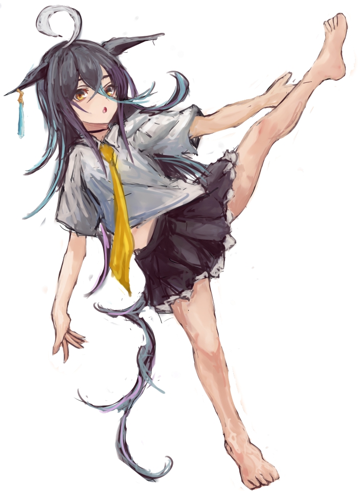 yanagi wakana, manhattan cafe (umamusume), umamusume, 1girl, ahoge, animal ears, barefoot, black hair, black skirt, blue hair, ear tag, earrings, hair between eyes, horse ears, horse girl, horse tail, jewelry, leg up, long bangs, long hair, long hair between eyes, looking at viewer, midriff peek, multicolored hair, necktie, open mouth, shirt, simple background, single earring, skirt, solo, streaked hair, tail, white background, white hair, white shirt, yellow eyes, yellow necktie