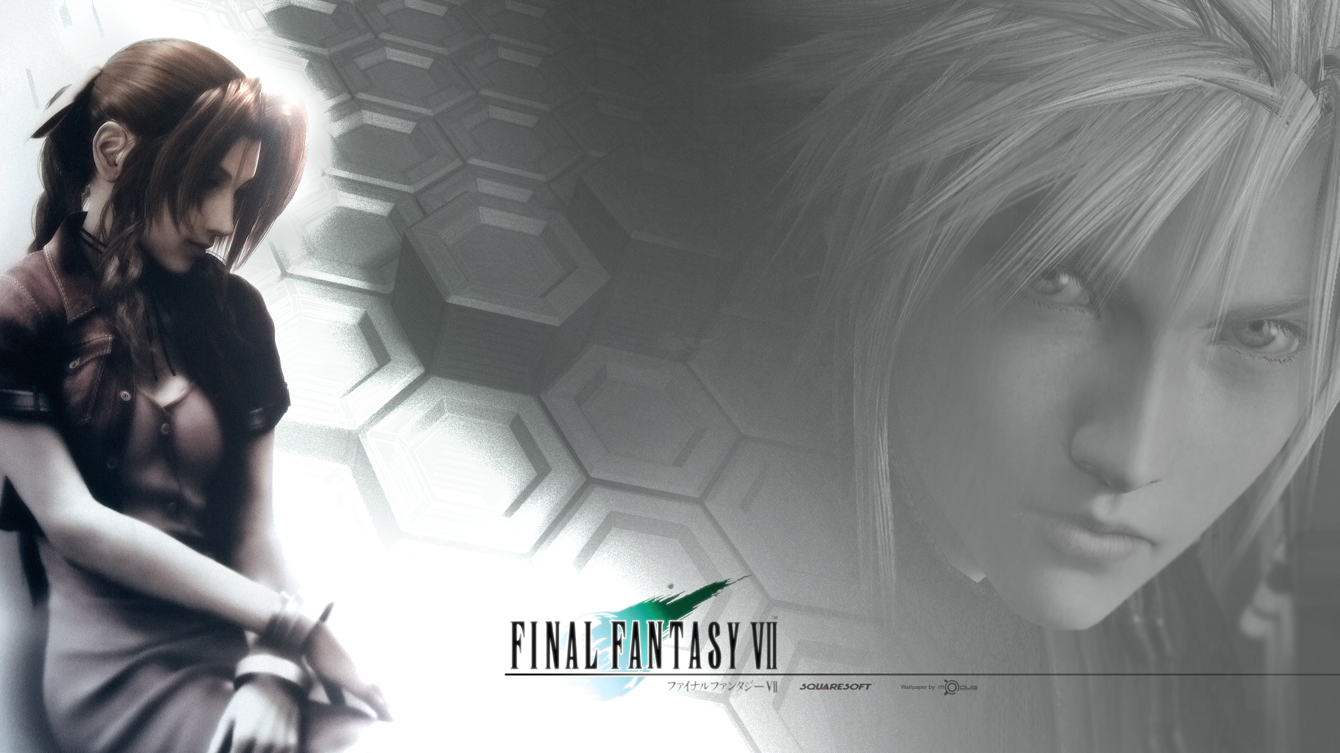 aerith gainsborough, cloud strife, final fantasy, final fantasy vii, final fantasy vii advent children, highres, 00s, 1990s (style), 1boy, 1girl, brown hair, copyright name, dress, long hair, long sleeves, looking at viewer, red dress, retro artstyle, roman numeral, spiked hair, very long hair