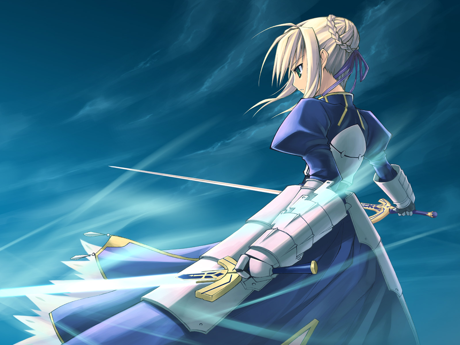 artoria pendragon (fate), saber (fate), fate/stay night, fate (series), highres, 00s, 1girl, armor, armored dress, blonde hair, caliburn (fate), dress, excalibur (fate/stay night), faulds, female focus, glowing, glowing sword, glowing weapon, green eyes, solo, sword, weapon