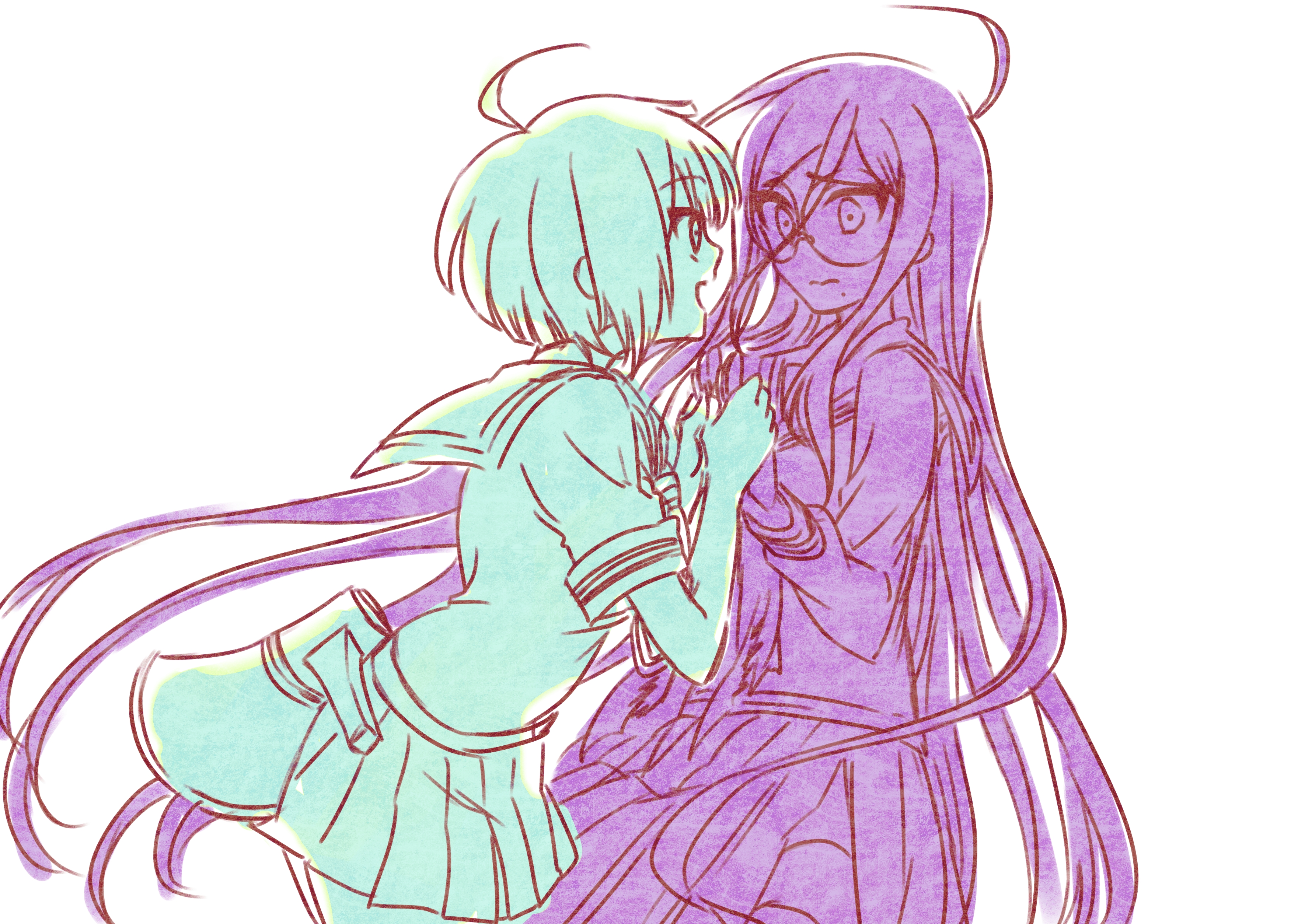 morihaw, fukawa toko, naegi komaru, danganronpa (series), danganronpa another episode: ultra despair girls, absurdres, commentary request, highres, 2girls, ahoge, closed mouth, collared shirt, eyelashes, glasses, hair between eyes, hand grab, limited palette, long hair, long sleeves, looking at another, megaphone, mole, mole under mouth, multiple girls, neckerchief, open mouth, round eyewear, sailor collar, school uniform, serafuku, shirt, short hair, short sleeves, simple background, skirt, smile, torn clothes, torn neckerchief, very long hair, white background
