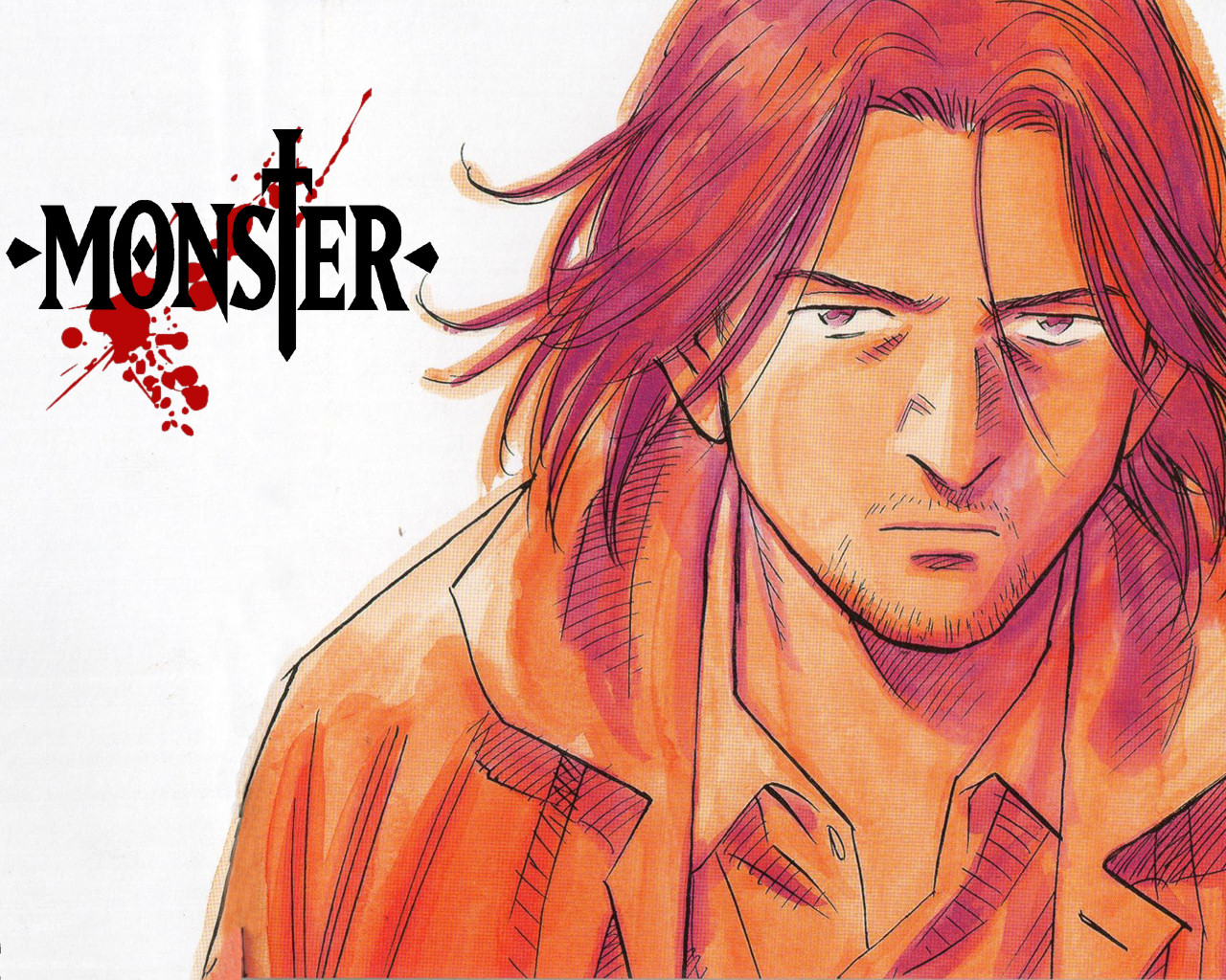 tenma kenzou, monster (manga), 1boy, collared shirt, copyright name, looking at viewer, male focus, monochrome, red theme, shirt, simple background, solo, white background