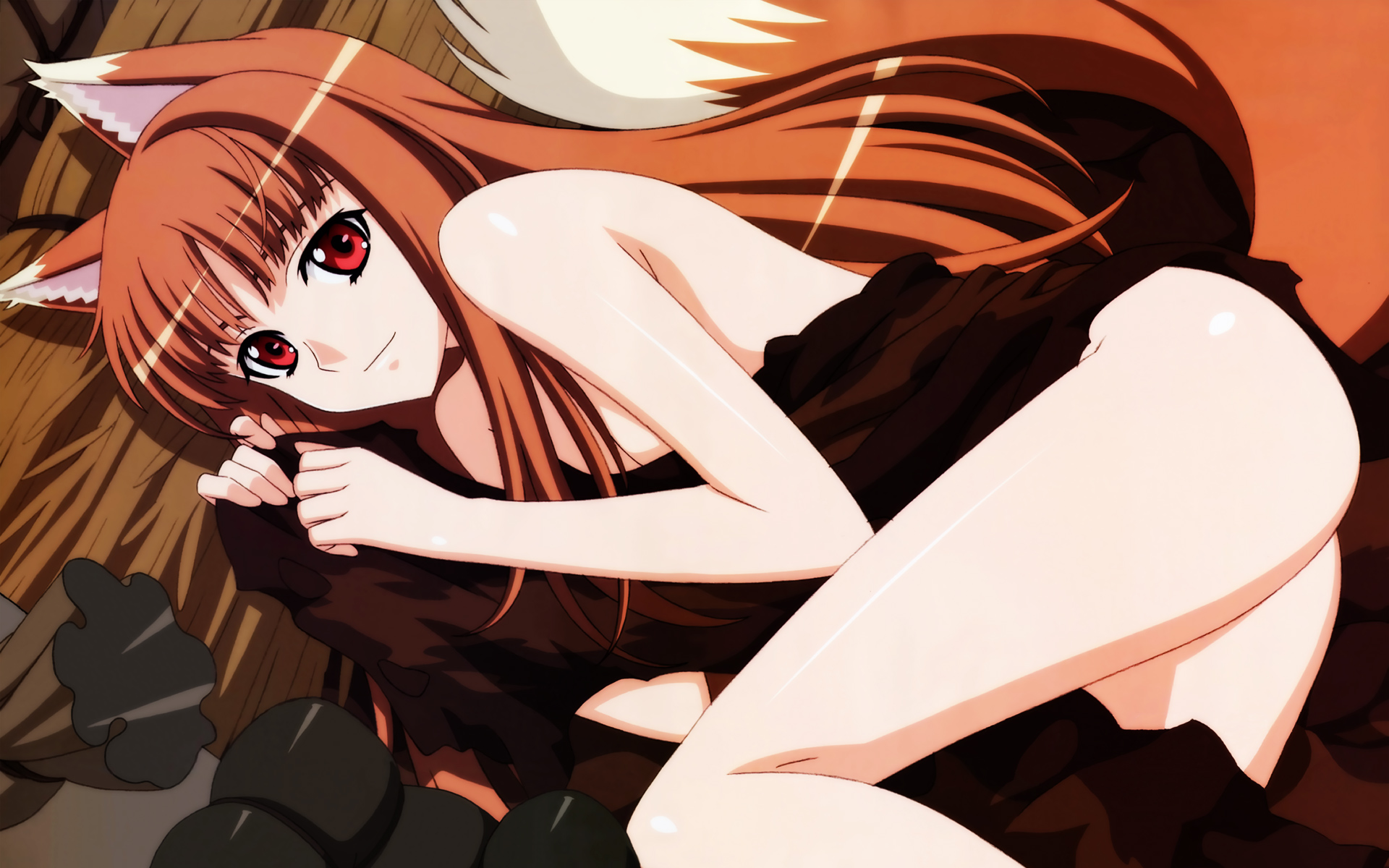 kuroda kazuya, sasaki masashi, holo, spice and wolf, highres, official art, official wallpaper, 00s, 1girl, animal ears, ass, breasts, brown hair, cleavage, female focus, from above, legs, long hair, lying, nude, on side, red eyes, shiny skin, small breasts, smile, solo, tail, wolf ears, wolf tail