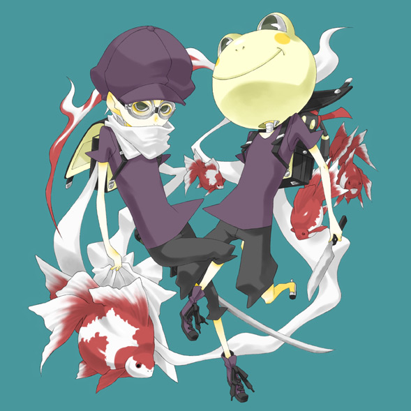 okamaru shikhi, 2boys, animal costume, bag, fish, frog costume, goggles, goldfish, hat, katana, knife, multiple boys, scarf, sword, weapon