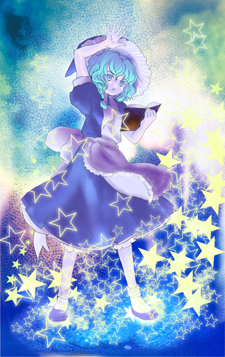 kirisame marisa, touhou, 1girl, apron, black dress, blue hair, book, dress, female focus, full body, fur trim, green eyes, hat, long sleeves, looking at viewer, puffy long sleeves, puffy sleeves, solo, standing, star (symbol), waist apron, witch hat