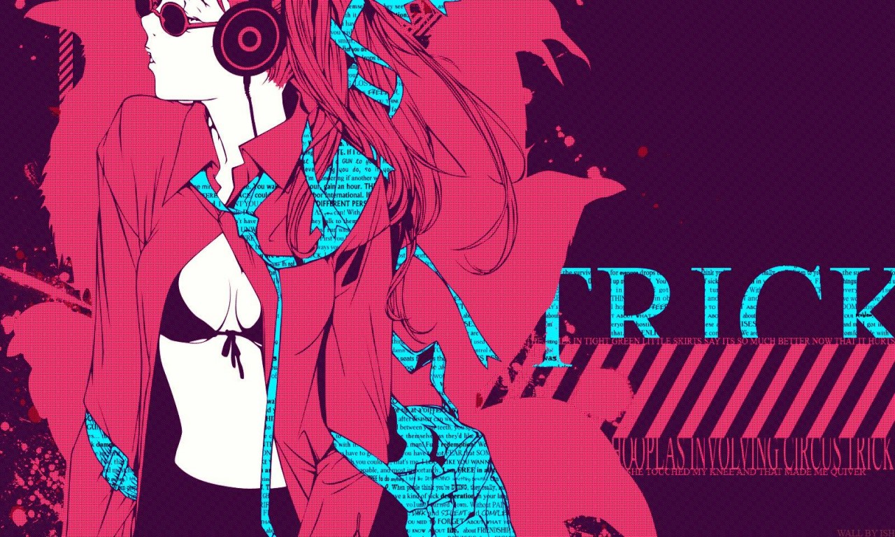 oogure ito, noyamano ringo, air gear, colorized, 00s, 1girl, breasts, cleavage, female focus, headphones, necktie, newspaper, solo, sunglasses, unmoving pattern