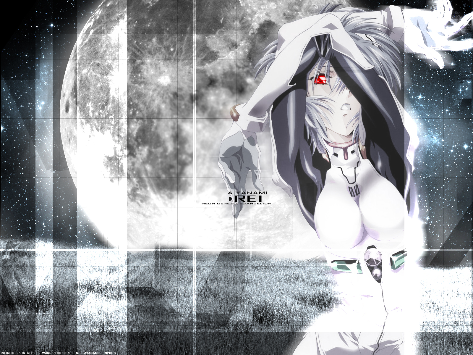 kawarajima kou, ayanami rei, neon genesis evangelion, highres, 1girl, female focus, mecha pilot suit, moon, plugsuit (evangelion), red eyes, short hair, solo