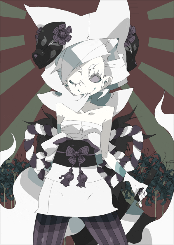 okamaru shikhi, original, 1girl, bandages, blue flower, blue spider lily, female focus, flower, japanese clothes, kimono, knife, mask, red flower, reverse grip, rising sun flag, sarashi, short kimono, solo, spider lily, sunburst, white hair