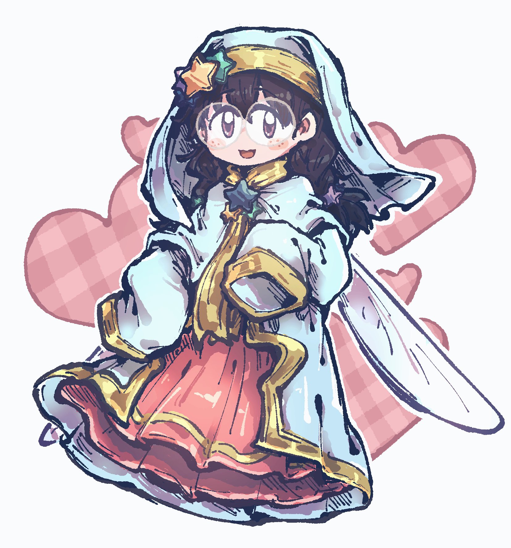 nanami (13mimi), ripple star queen, kirby (series), nintendo, highres, 1girl, black hair, fairy, fairy wings, glasses, hair ornament, hat ornament, heart, long hair, looking at viewer, pink skirt, skirt, sleeves past fingers, sleeves past wrists, smile, star (symbol), star hair ornament, star hat ornament, wings