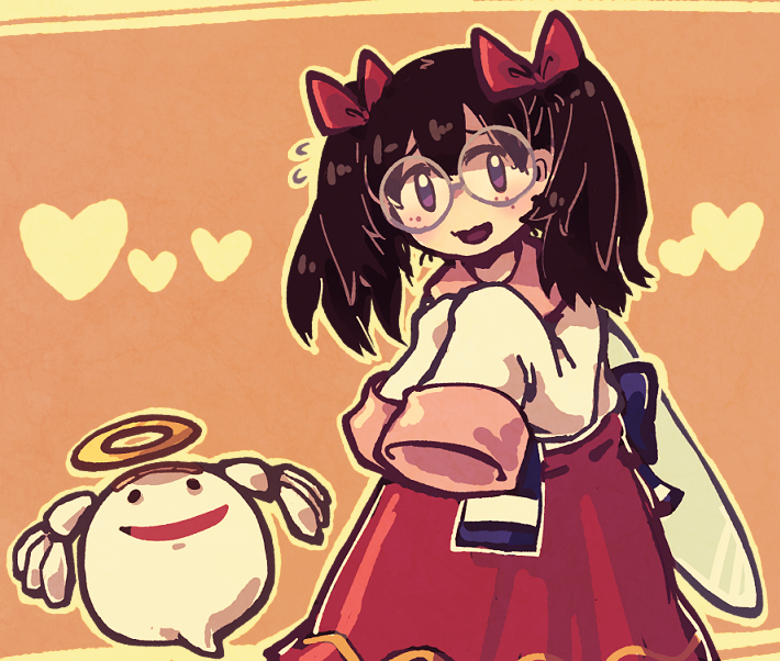 nanami (13mimi), ripple star queen, zero two (kirby), kirby (series), kirby 64, nintendo, 1girl, black hair, blush, bow, fairy, fairy wings, flying sweatdrops, glasses, hair bow, halo, heart, long hair, looking at viewer, red bow, red skirt, skirt, sleeves past fingers, sleeves past wrists, twintails, wings