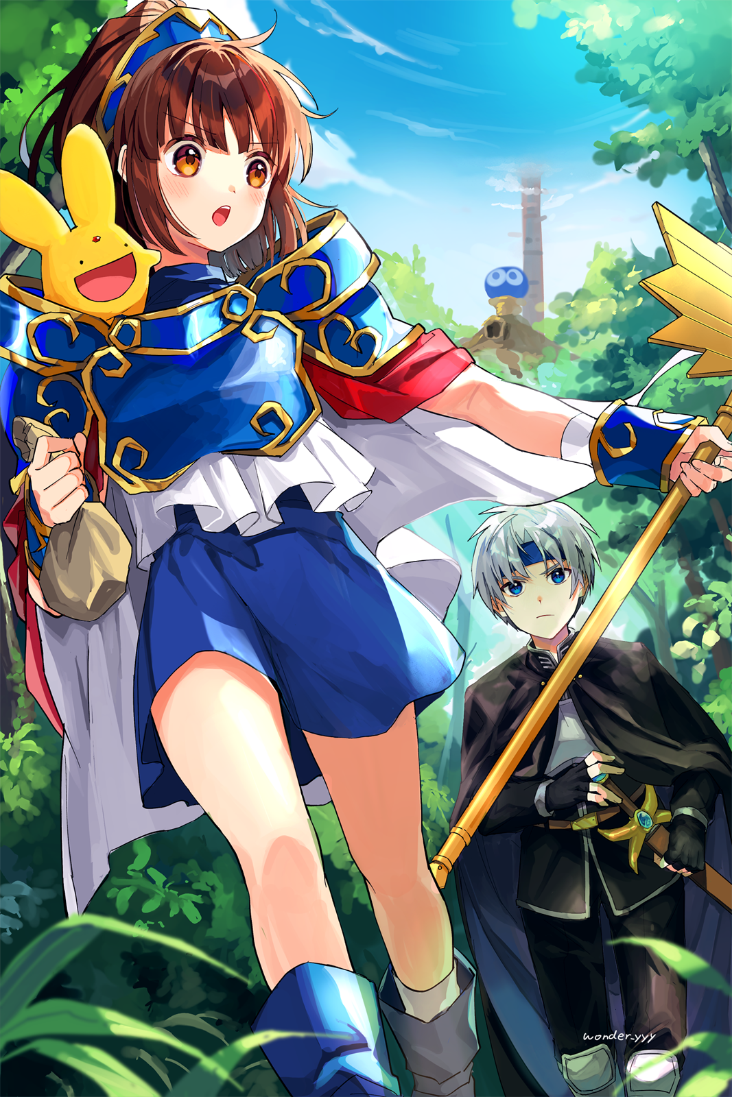 kuroda (kuro yyy), arle nadja, carbuncle (puyopuyo), puyo (puyopuyo), schezo wegey, puyopuyo, highres, 1boy, 1girl, armor, artist name, bag, black cape, black gloves, black pants, black shirt, blue armor, blue boots, blue eyes, blue headband, blue skirt, blue sky, boots, bracer, breastplate, brown eyes, brown hair, cape, chest guard, closed mouth, cloud, creature, creature on shoulder, fingerless gloves, forest, gloves, grey hair, hand on hilt, headband, headpiece, holding, holding bag, holding sheath, holding staff, medium hair, money bag, nature, on shoulder, open mouth, pants, pauldrons, plant, red cape, sheath, sheathed, shirt, short hair, shoulder armor, signature, skirt, sky, smile, staff, standing, sword, teeth, tower, tree, two-sided cape, two-sided fabric, upper teeth only, waku waku puyo dungeon, walking, weapon, white cape, white shirt, wristband