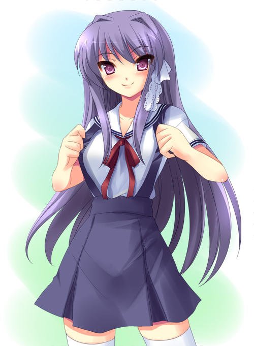 yukizuki chikuba, fujibayashi kyou, clannad, 00s, hair ribbon, long hair, pink eyes, purple hair, ribbon, school uniform, serafuku, solo