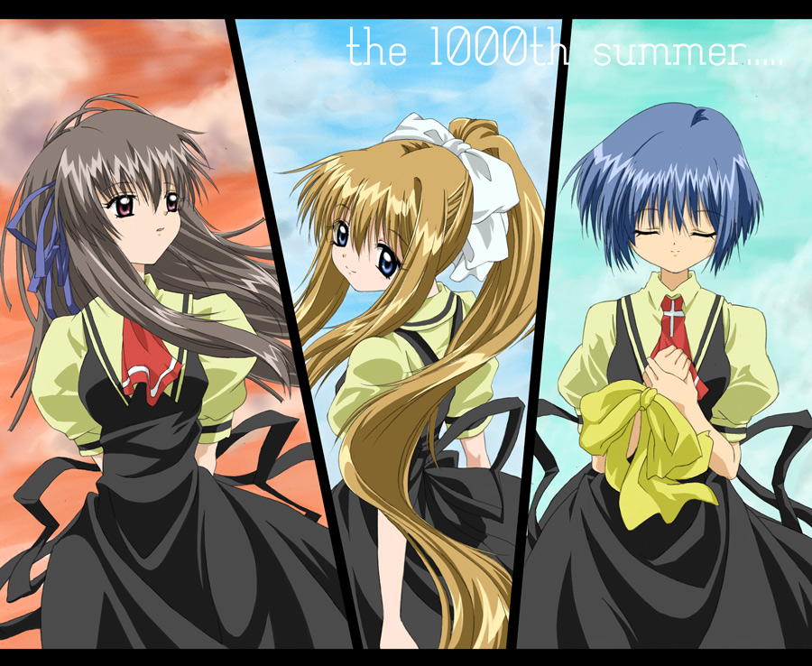 yomi (indigoriver), kamio misuzu, kirishima kano, toono minagi, air (visual novel), 00s, 3girls, arm ribbon, ascot, blonde hair, blue eyes, blue hair, bow, brown hair, closed eyes, cross, dress, floating hair, hair ribbon, hands on own chest, head tilt, latin cross, long hair, looking afar, looking at viewer, looking back, multiple girls, ponytail, puffy sleeves, red eyes, ribbon, school uniform, short hair, short sleeves, sidelocks, sky, smile, very long hair, wind