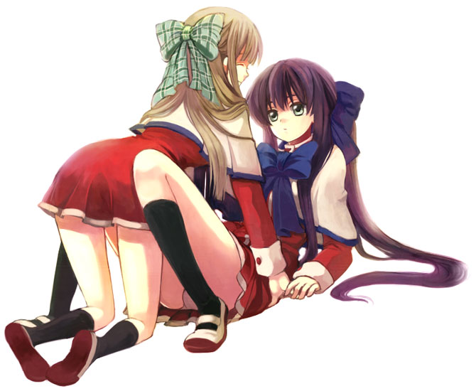 yonko, kawasumi mai, kurata sayuri, kanon, 2girls, black socks, bow, hair bow, kneehighs, multiple girls, school uniform, serafuku, shoes, socks, uwabaki