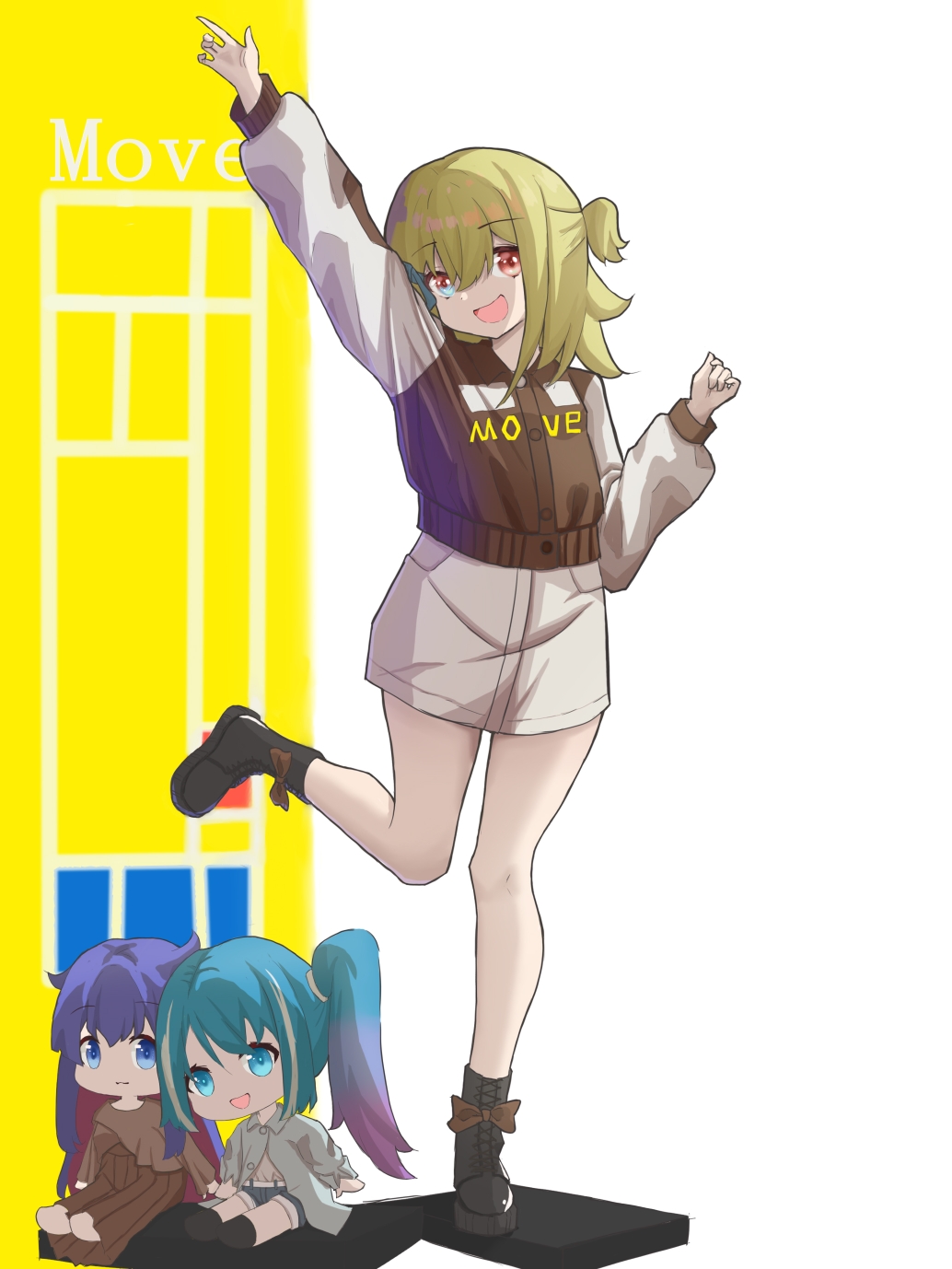 hide21find57, original, commentary request, highres, 3girls, :d, arm up, black boots, black socks, blonde hair, blue eyes, blue hair, boots, bow, brown bow, brown shirt, brown skirt, chibi, closed mouth, collared shirt, denim, denim shorts, dress shirt, gradient hair, grey jacket, grey shorts, hair between eyes, jacket, lace-up boots, long sleeves, looking at viewer, mini person, minigirl, multicolored hair, multiple girls, one side up, open mouth, pink hair, pleated skirt, puffy long sleeves, puffy sleeves, purple eyes, red eyes, shirt, short shorts, shorts, side ponytail, sitting, skirt, smile, socks, standing, two-tone hair, white shirt, white skirt