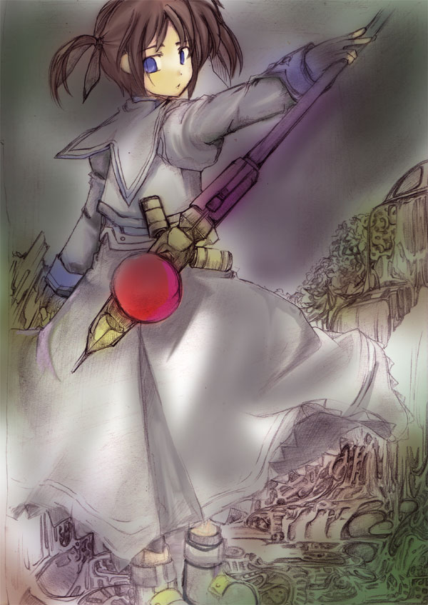 ruku (alicecreation), raising heart, raising heart (accel mode), takamachi nanoha, lyrical nanoha, mahou shoujo lyrical nanoha, mahou shoujo lyrical nanoha a's, 00s, 1girl, black gloves, brown hair, building, canyon, city, cliff, female focus, fingerless gloves, gem, giant, giantess, gloves, long sleeves, looking at viewer, magical girl, orb, outdoors, purple eyes, red hair, solo, twintails