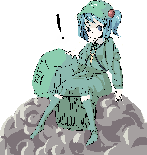 nanami natsuki, nanaumi natsuki, kawashiro nitori, touhou, 1girl, backpack, bag, blue dress, blue eyes, blue hair, boots, collar, dress, female focus, hair bobbles, hair ornament, jewelry, key, long sleeves, looking at viewer, matching hair/eyes, necklace, pendant, pocket, rubber boots, solo, thighhighs, two side up, unworn backpack, unworn bag, zettai ryouiki