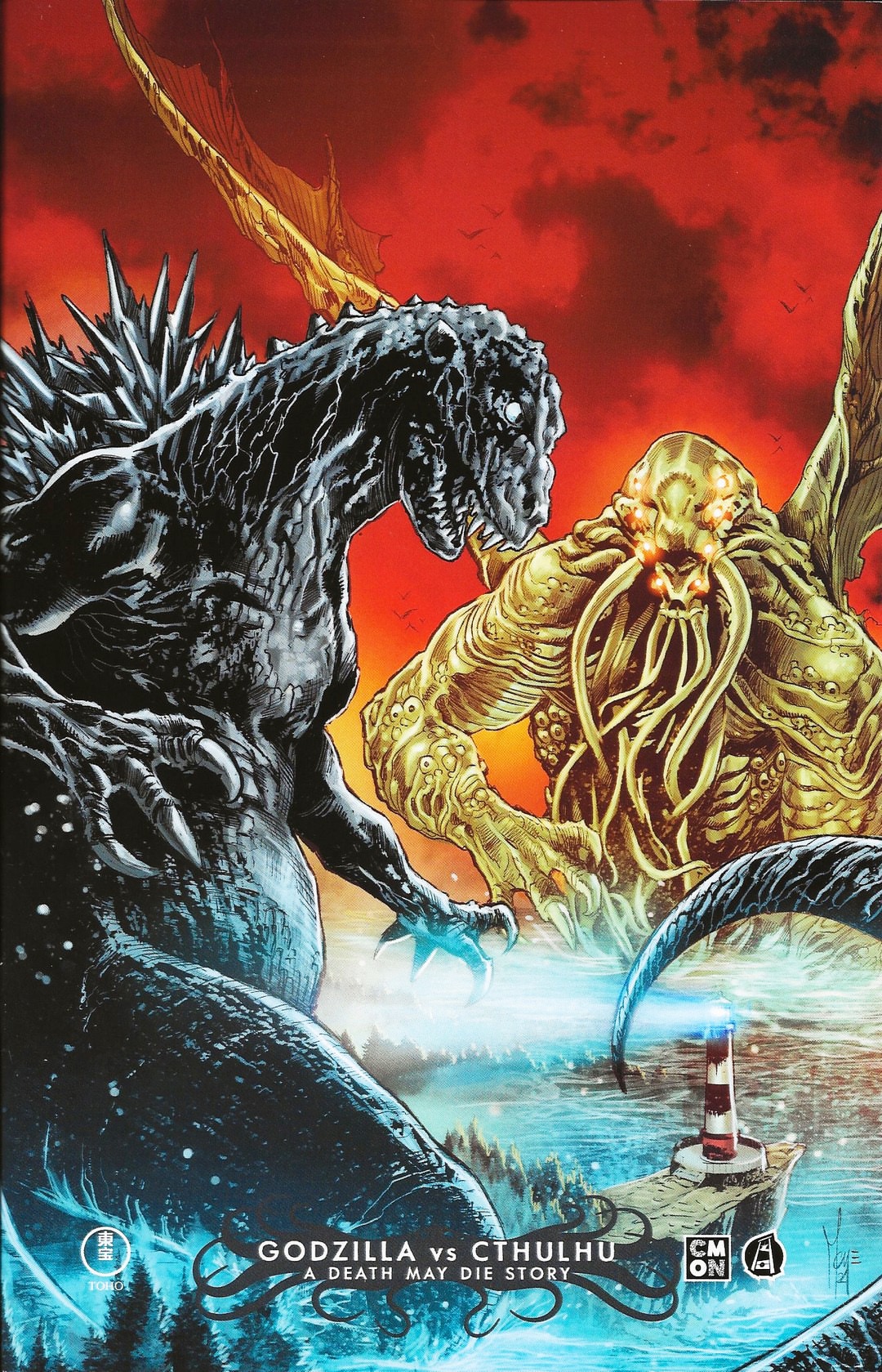 juan manuel rodriguez, marco checchetto, cthulhu, godzilla, cmon games, cthulhu: death may die, cthulhu mythos, godzilla (1954 movie), godzilla (series), godzilla vs. cthulhu: a death may die story, guillotine press, toho, highres, official art, variant set, apocalypse, bird, claws, cloud, crossover, dark cloud, dinosaur, english text, extra eyes, flying, forest, giant, giant monster, glowing, glowing eyes, glowing veins, kaiju, lighthouse, monster, muscular, muscular arms, muscular other, nature, no humans, no pupils, ocean, open mouth, orange eyes, orange sky, pointy ears, red sky, sea monster, sharp teeth, sky, spikes, splashing, tail, teeth, tentacles, torn wings, tree, two-tone sky, veins, water, waves, white eyes, wings