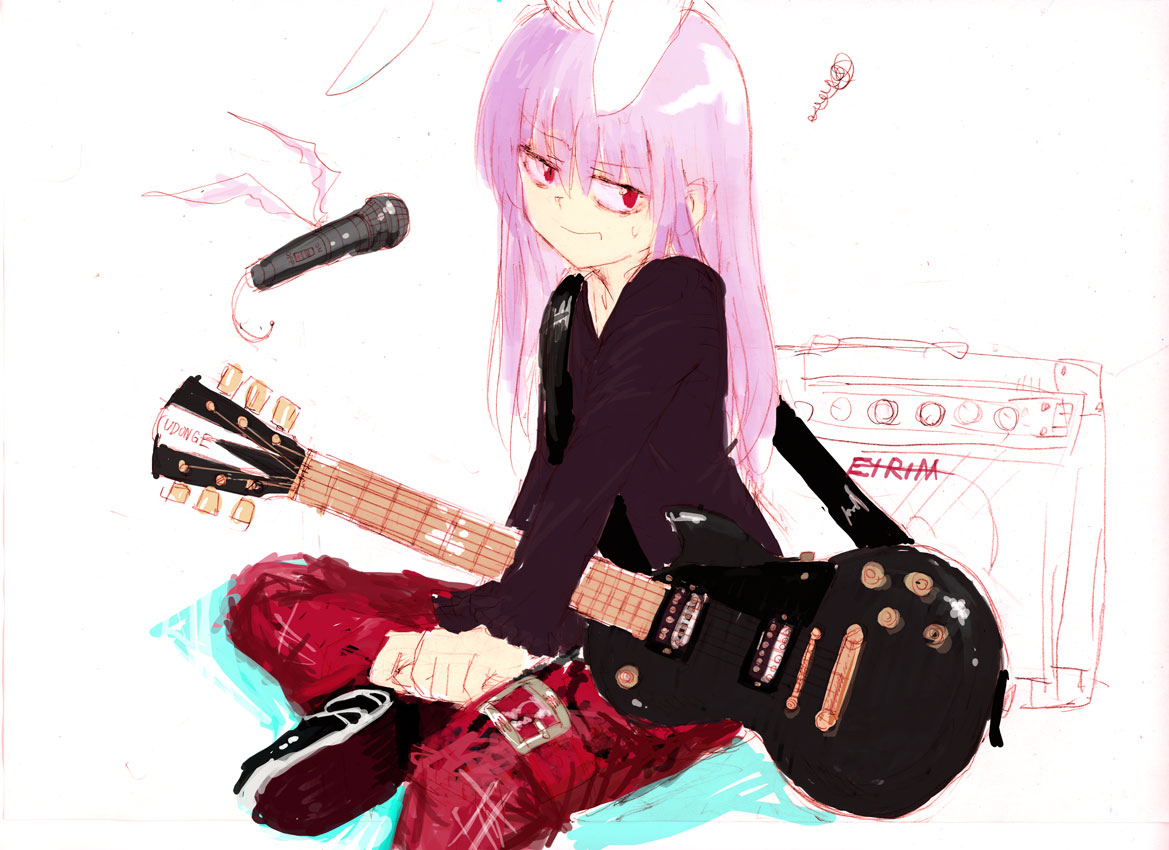 tsurui, reisen udongein inaba, touhou, 1girl, amplifier, animal ears, female focus, guitar, instrument, microphone, rabbit ears, sitting, solo, white background