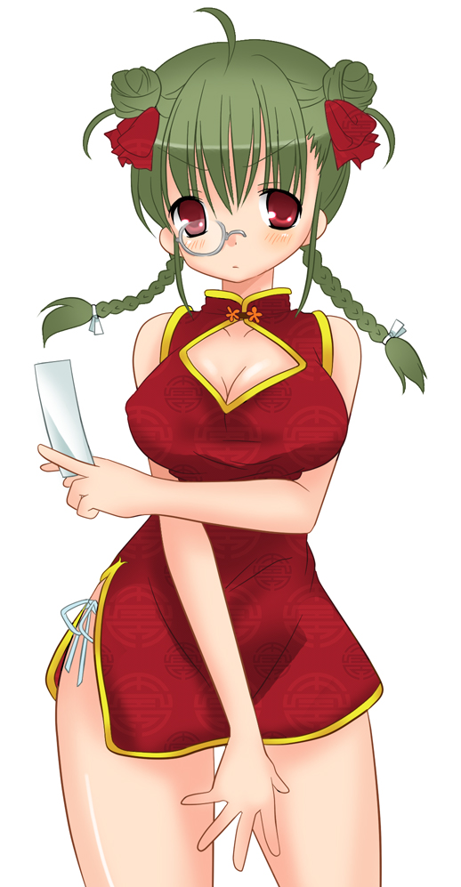 shiratama, shiratama yomogi, 1girl, bare shoulders, blush, braid, china dress, chinese clothes, dress, embarrassed, female focus, glasses, green hair, monocle, red eyes, side slit, solo