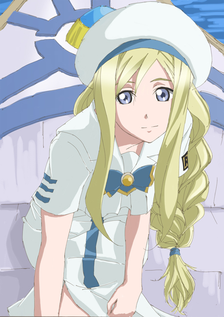 yomi (indigoriver), alicia florence, aria (manga), 00s, 1girl, bed, bed sheet, beret, blonde hair, blouse, blue eyes, brooch, dress, female focus, gem, hat, jewelry, long hair, looking at viewer, on bed, shirt, short sleeves, sitting, solo, upper body, very long hair, white dress, white shirt