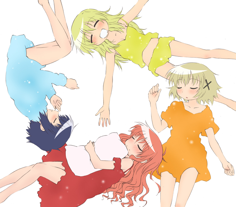 yomi (indigoriver), hiro (hidamari sketch), miyako (hidamari sketch), sae (hidamari sketch), yuno (hidamari sketch), hidamari sketch, 00s, 4girls, blush, female focus, lying, multiple girls, simple background, sleeping, white background