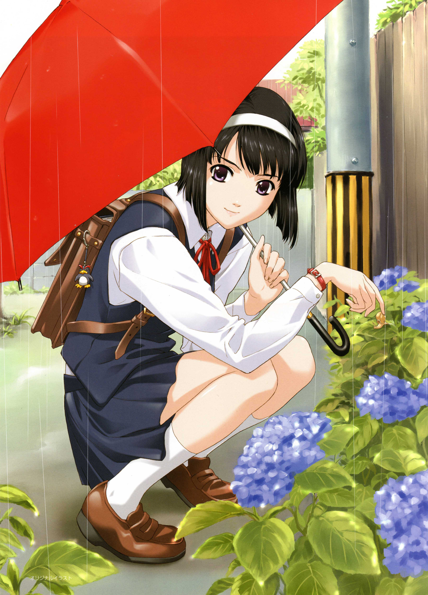 happoubi jin, sweet body, white legwear, highres, scan, backpack, bag, brown shoes, day, flower, hairband, holding, holding umbrella, hydrangea, outdoors, rain, randoseru, school uniform, serafuku, shoes, solo, umbrella
