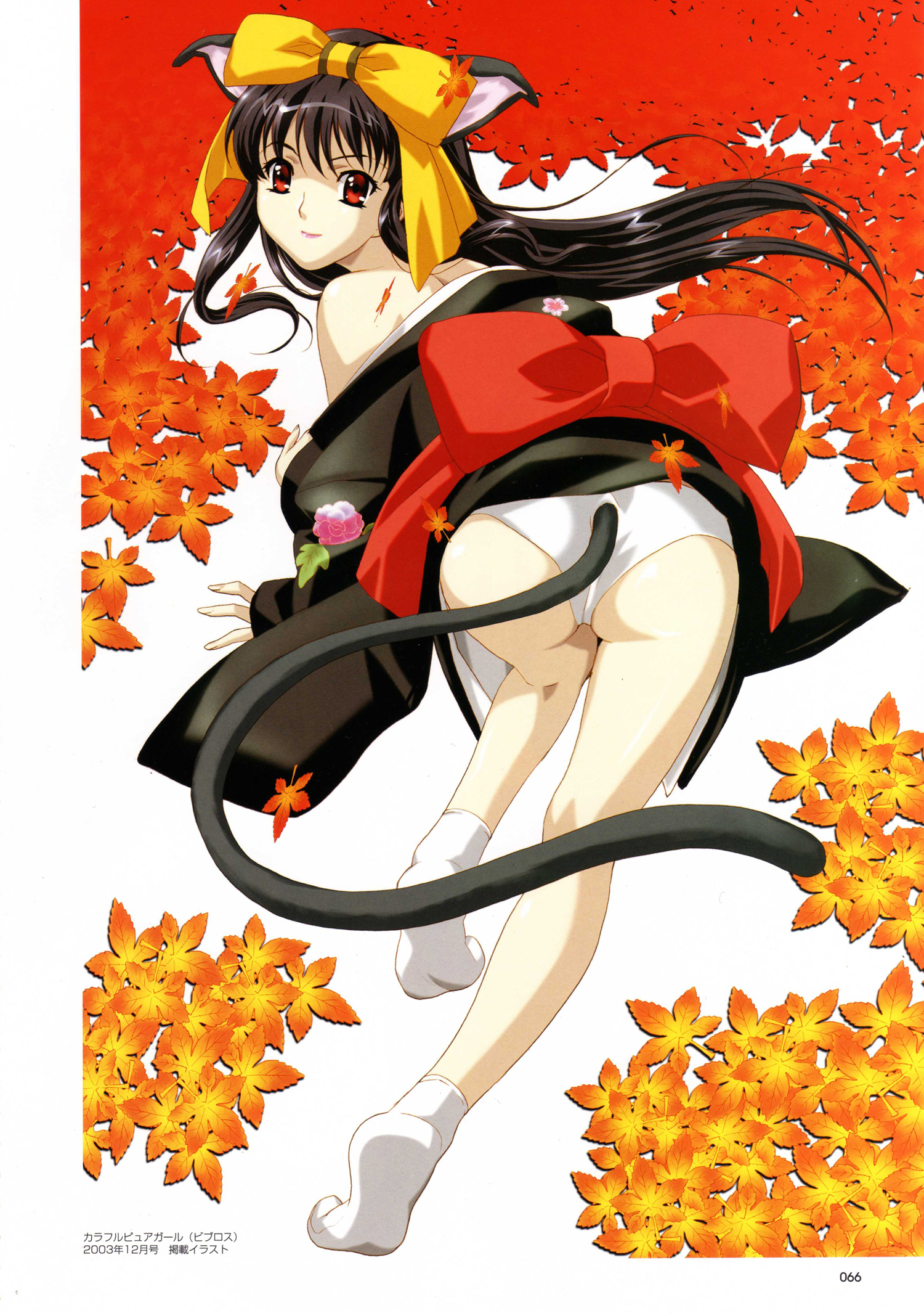 happoubi jin, sweet body, highres, scan, animal ears, ass, cat ears, cat tail, japanese clothes, kimono, leaf, long hair, panties, ribbon, solo, tail, underwear