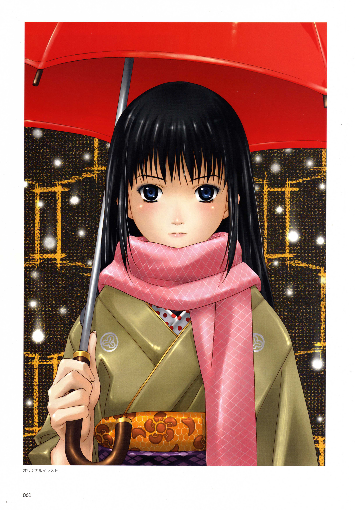 happoubi jin, sweet body, highres, scan, black hair, blue eyes, japanese clothes, kimono, long hair, scarf, snow, solo, umbrella