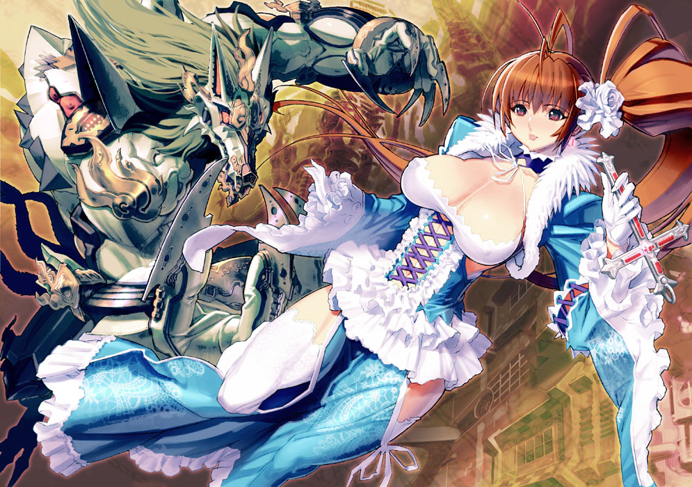 sanbasou, 1girl, breasts, brown eyes, brown hair, cleavage, female focus, huge breasts, ponytail, solo, thighhighs