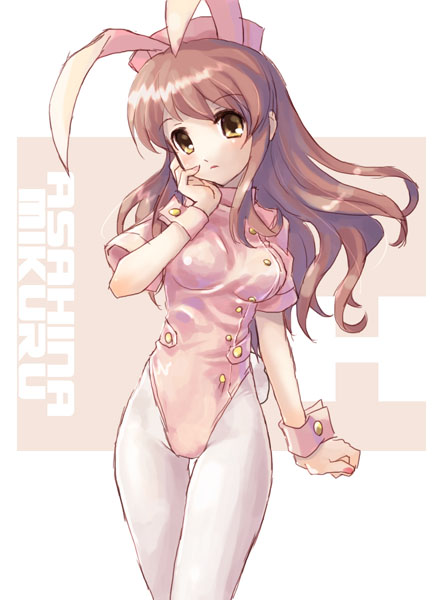 katahira masashi, asahina mikuru, suzumiya haruhi no yuuutsu, 00s, animal ears, brown eyes, brown hair, cowboy shot, fake animal ears, long hair, pantyhose, playboy bunny, rabbit ears