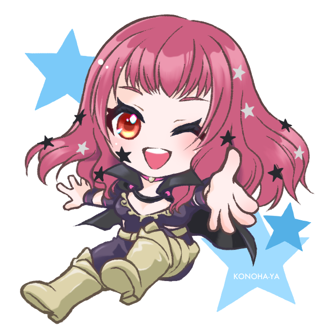 konohaya fe, yunaka (fire emblem), fire emblem, fire emblem engage, nintendo, 1girl, belt, bodysuit, choker, clothing cutout, facial mark, gold belt, hair ornament, long hair, looking at viewer, pink choker, purple bodysuit, red eyes, red hair, side cutout, solo, star (symbol), star facial mark, star hair ornament, yellow belt