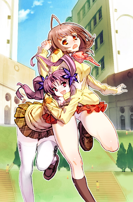sanbasou, original, white legwear, 2girls, hug, multiple girls, orange eyes, panties, pantyshot, red eyes, school uniform, serafuku, thighhighs, underwear