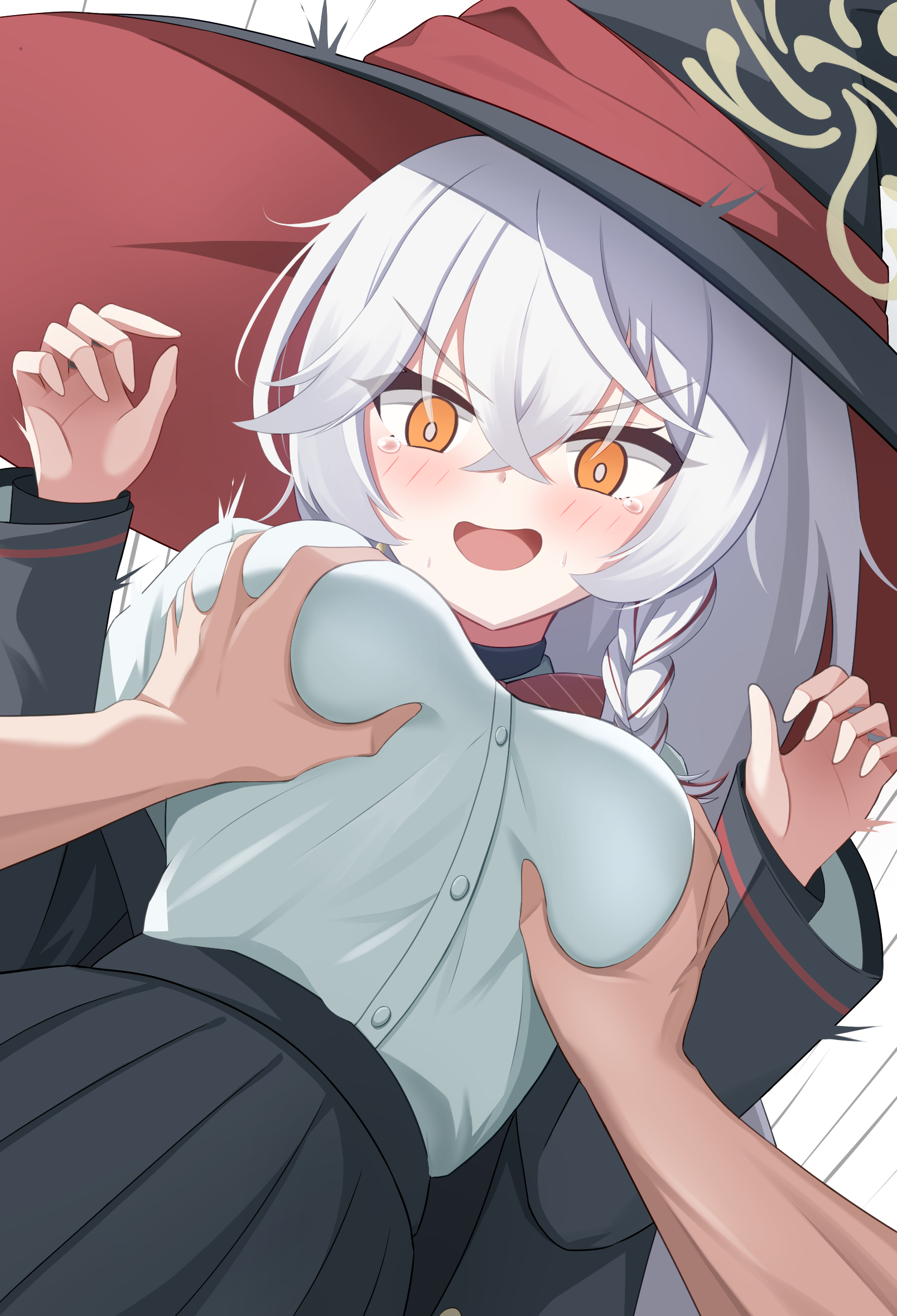 raimu (clanberry000), eri (blue archive), blue archive, highres, 1boy, 1girl, blush, bow, bowtie, braid, breasts, from below, grabbing another's breast, groping, halo, hat, large breasts, long hair, looking at viewer, open mouth, orange eyes, pov, pov hands, red bow, shirt, skirt, solo, tearing up, white shirt, witch hat