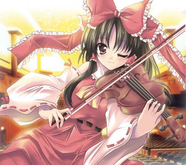 maki (seventh heaven maxion), hakurei reimu, touhou, 1girl, backlighting, dress, female focus, holding instrument, holding violin, instrument, outdoors, sky, solo, violin