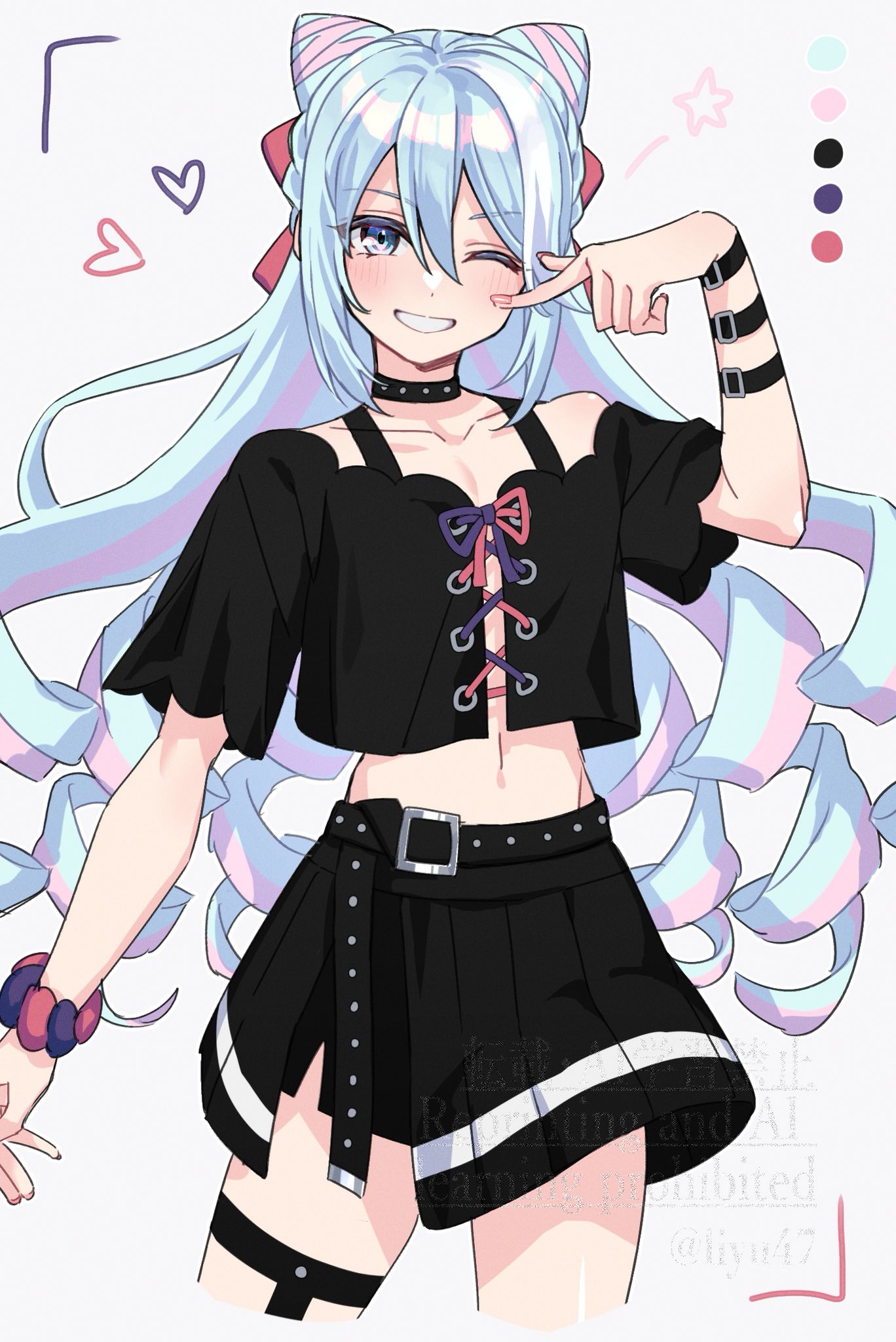 shinae, rosado (fire emblem), fire emblem, fire emblem engage, nintendo, highres, 1boy, androgynous, blue eyes, blue hair, cone hair bun, drill hair, hair between eyes, hair bun, hair horns, legwear garter, long hair, looking at viewer, male focus, single legwear garter, smile, solo, trap