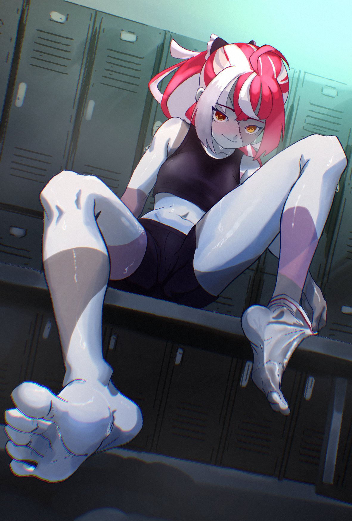 kureiji ollie, hololive, hololive indonesia, commentary, english commentary, highres, 1girl, barefoot, blurry, blush, bow, colored skin, depth of field, grey skin, gupzord, heterochromia, indoors, locker, locker room, looking at viewer, midriff, multicolored hair, multicolored skin, navel, outstretched leg, partially undressed, patchwork skin, red hair, sitting, smile, solo, sports bra, sportswear, stitched arm, stitched face, stitched leg, stitches, sweat, thighs, two-tone skin, virtual youtuber, zombie