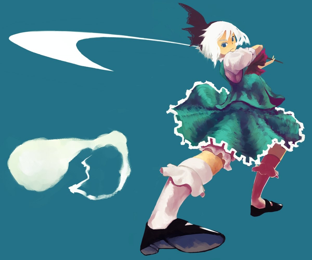 konpaku youmu, konpaku youmu (ghost), touhou, 1girl, aqua background, black shoes, blue eyes, bobby socks, female focus, full body, green skirt, hair ribbon, hitodama, puffy short sleeves, puffy sleeves, ribbon, shoes, short hair, short sleeves, simple background, skirt, skirt set, slashing, socks, solo, sword, vest, weapon, white hair, white socks