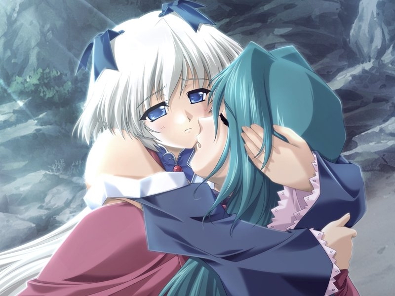 akino takehiko, arrems, aka (nekoneko soft), game cg, 1girl, dress, green hair, hug, long hair, ribbon, sad, white hair