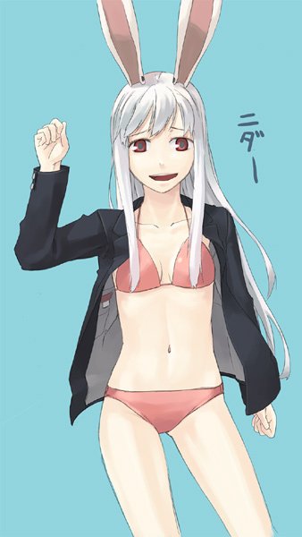 reisen udongein inaba, touhou, 1girl, animal ears, bikini, coat, female focus, pink bikini, rabbit ears, simple background, solo, swimsuit