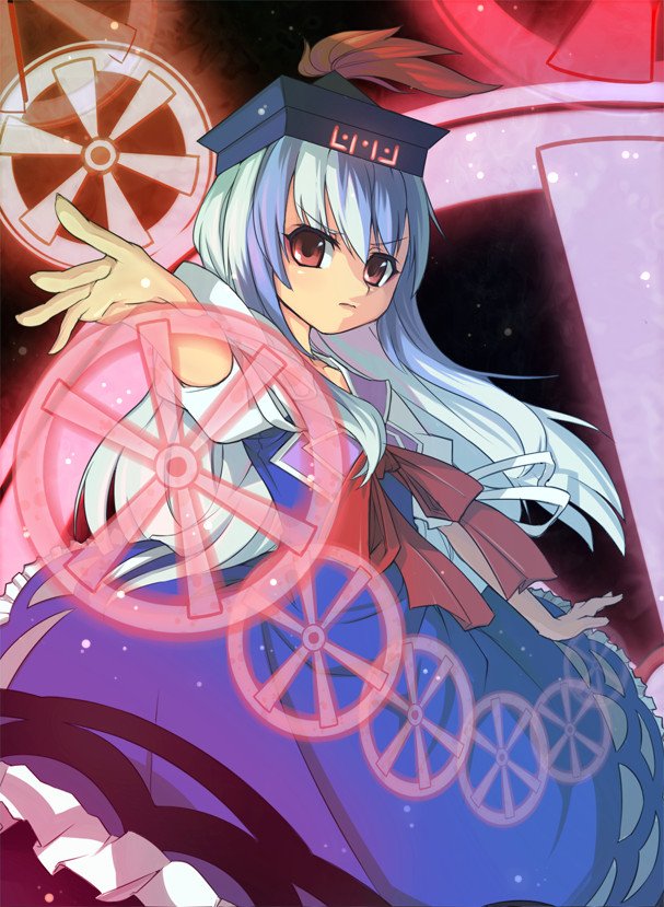 kamishirasawa keine, touhou, kerchief, 1girl, blue dress, cowboy shot, dress, female focus, hat, looking at viewer, magic, outstretched arms, puffy short sleeves, puffy sleeves, red eyes, red ribbon, ribbon, short sleeves, solo, tate eboshi, wheel
