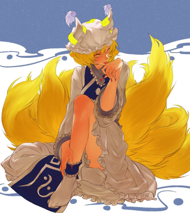 egawa satsuki, yakumo ran, touhou, 1girl, animal hat, bare shoulders, blonde hair, blush, closed eyes, dress, feet, female focus, fingernails, fox tail, full body, hat, knee up, licking, long fingernails, long sleeves, mob cap, multiple tails, nail polish, red nails, short hair, sitting, socks, solo, tabard, tail, tassel, white dress, white socks, wide sleeves
