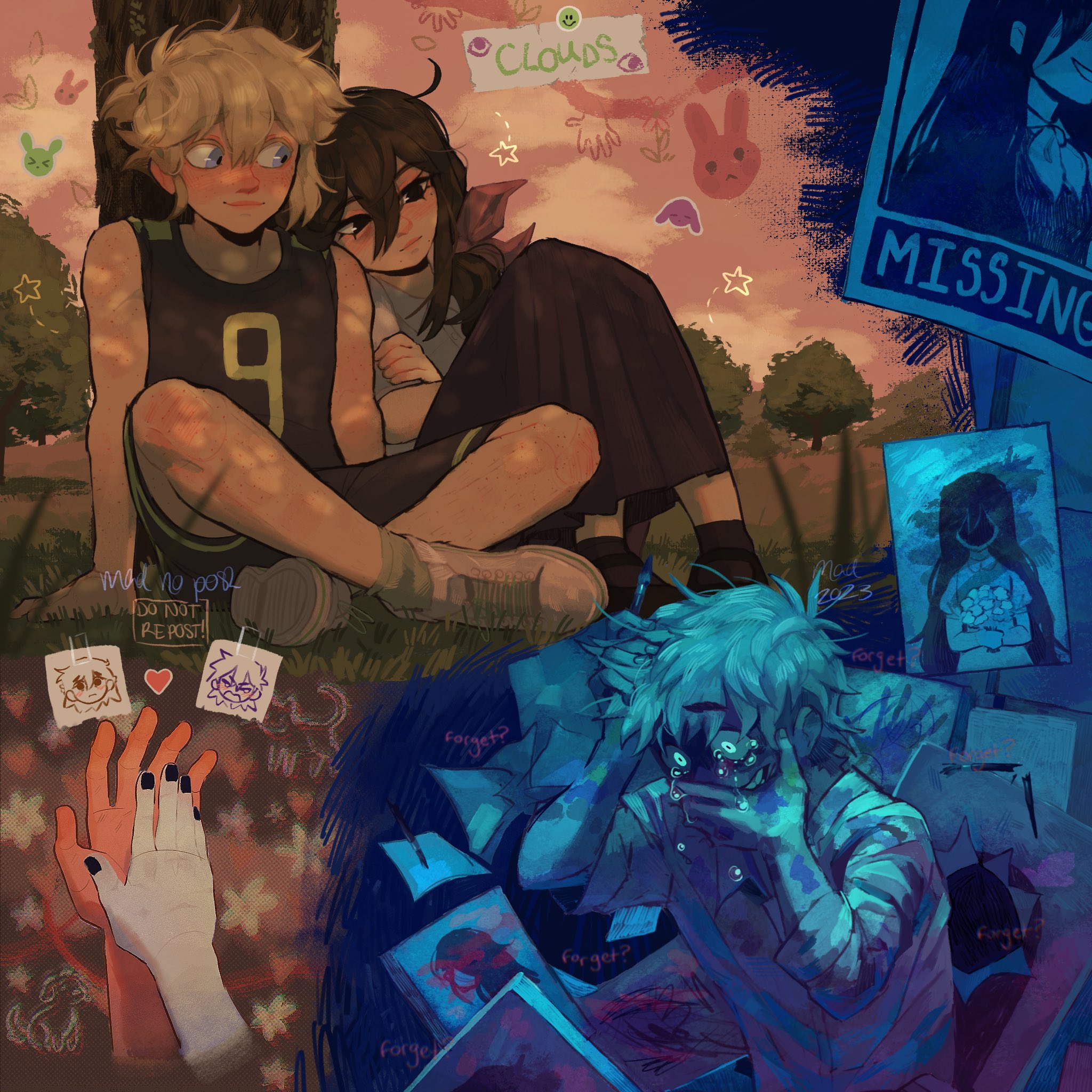 madnopost, aubrey (faraway) (omori), aubrey (omori), basil (faraway) (omori), basil (omori), hero (faraway) (omori), hero (omori), kel (faraway) (omori), kel (omori), mari (faraway) (omori), mari (omori), sunny (omori), omori, highres, 1girl, 4boys, alternate costume, alternate hairstyle, alternate universe, antenna hair, artist name, black eyes, black hair, black nails, black shoes, black shorts, black skirt, black socks, blonde hair, blue eyes, closed mouth, crying, crying with eyes open, dark-skinned male, dark skin, day, double-parted bangs, english text, hair between eyes, hair ribbon, heart, holding, holding paintbrush, indian style, long skirt, looking at another, low ponytail, missing poster, multiple boys, open mouth, outdoors, paintbrush, pink ribbon, pleated skirt, ponytail, ribbon, shoes, short hair, shorts, sidelocks, sitting, skirt, smile, sneakers, socks, tears, teeth, tree, white shoes