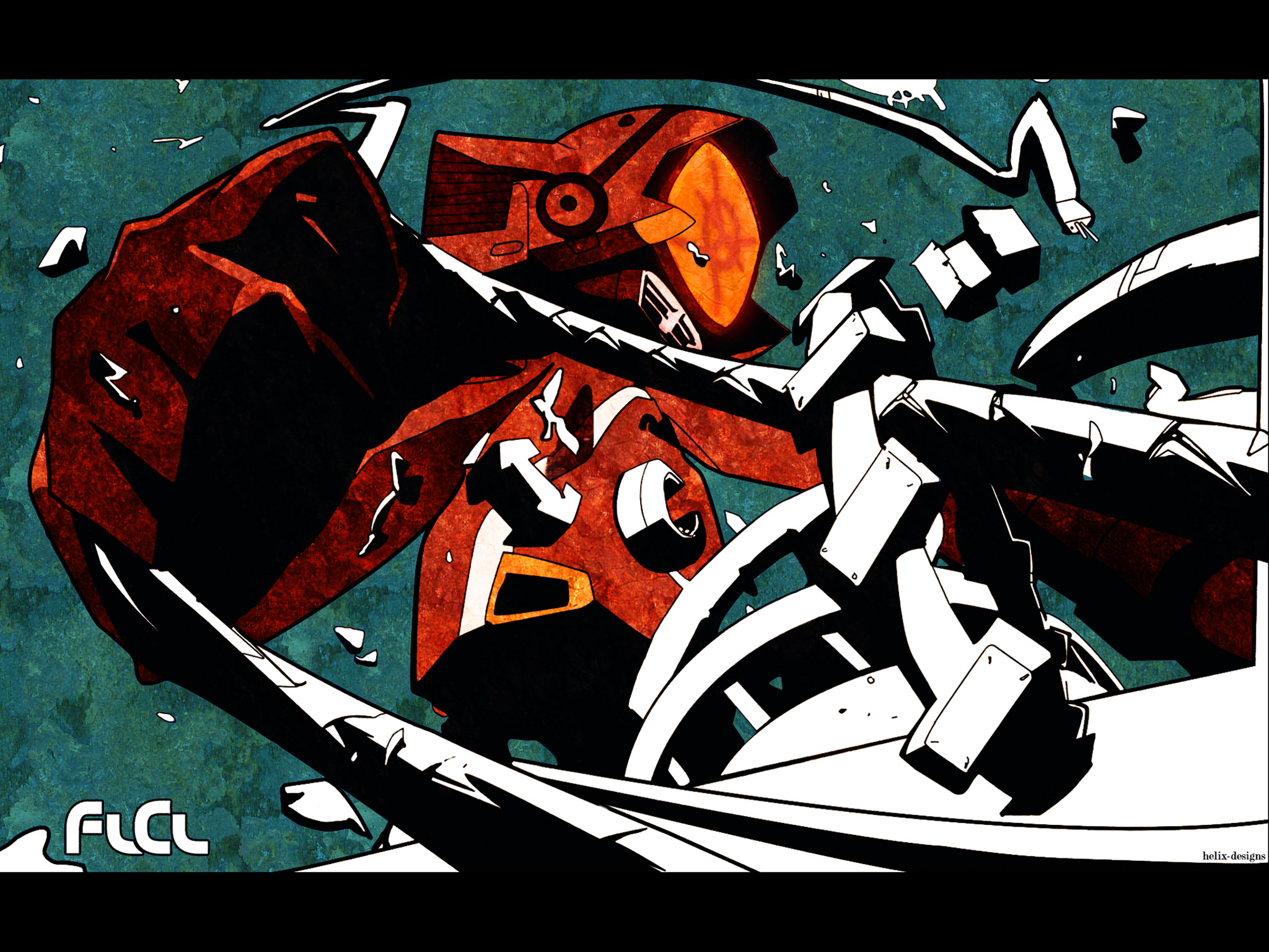 canti, flcl, highres, 00s, cable, destruction, glowing, green background, lamp, letterboxed, machinery, no humans, simple background, wire