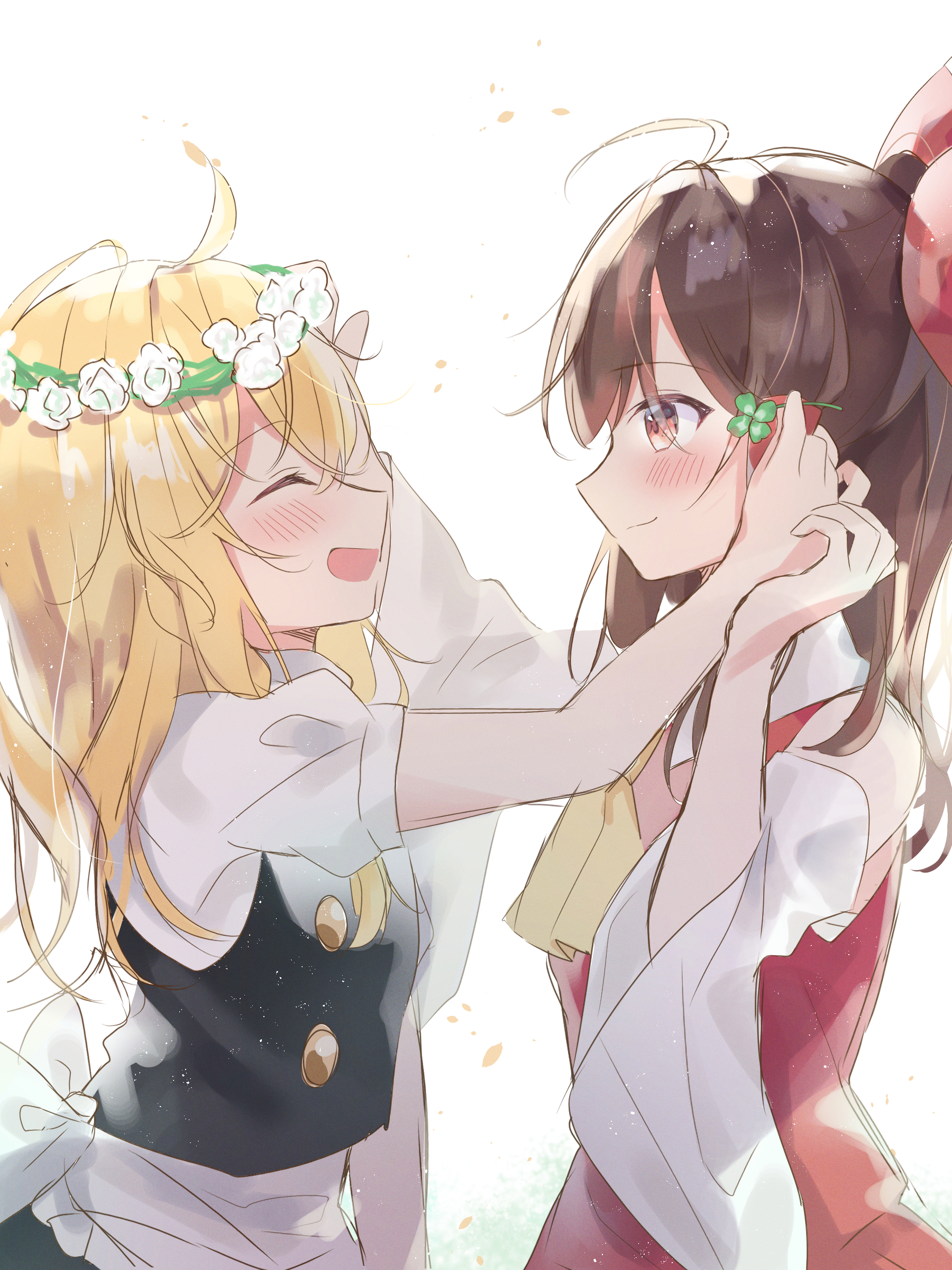 hidukihumi, hakurei reimu, kirisame marisa, touhou, absurdres, commentary request, highres, 2girls, ahoge, alternate headwear, ascot, back bow, bare shoulders, black skirt, black vest, blonde hair, blush, bow, brown eyes, brown hair, closed eyes, closed mouth, clover, collared vest, detached sleeves, flower, hair bow, hair tubes, happy, head wreath, long hair, long sleeves, medium hair, multiple girls, puffy short sleeves, puffy sleeves, red bow, red skirt, red vest, shirt, short sleeves, skirt, skirt set, turtleneck, vest, waist bow, white bow, white flower, white shirt, white sleeves, wide sleeves, yellow ascot