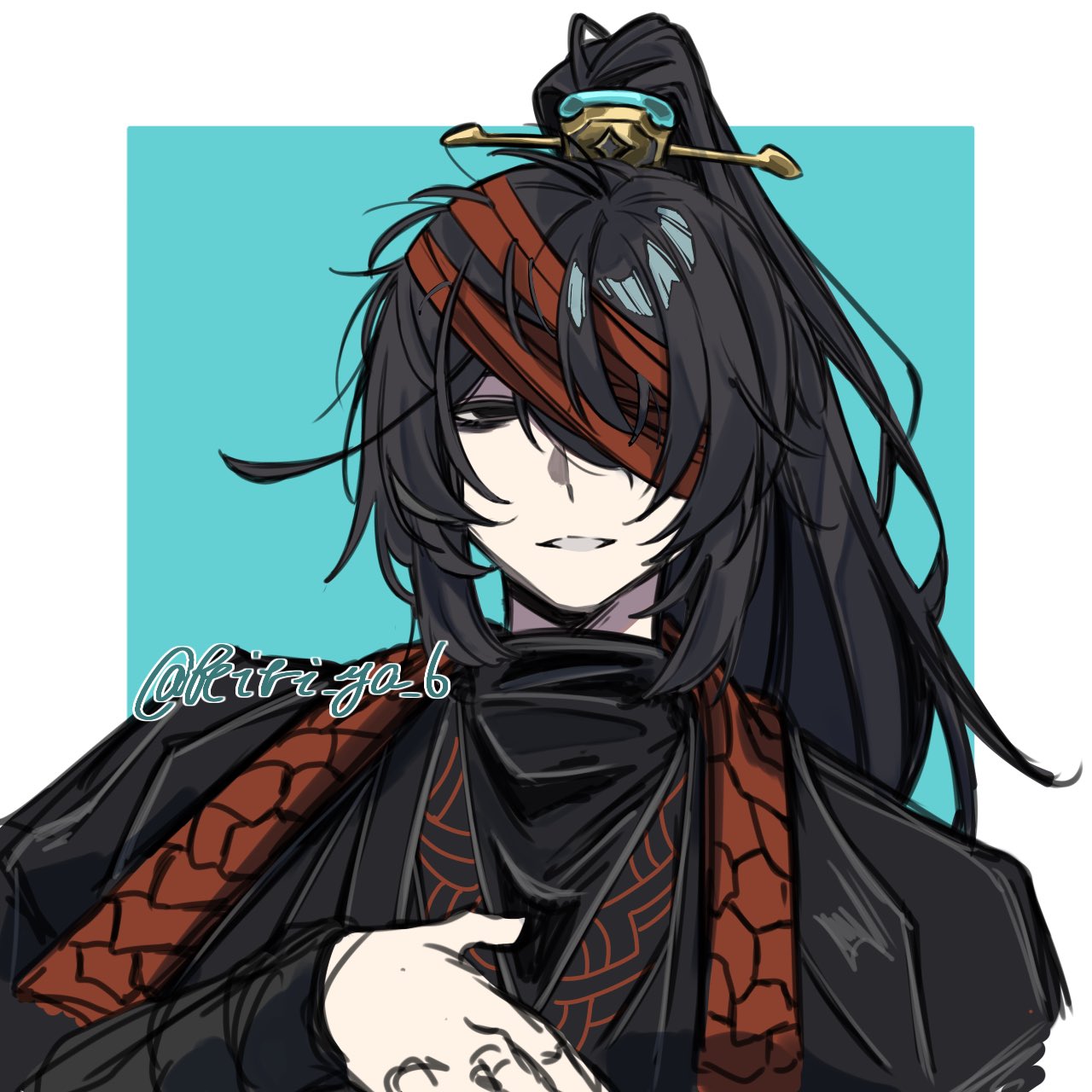 hong lu (project moon), limbus company, project moon, highres, 1boy, bandage over one eye, black eyes, black hair, black hanfu, blue background, border, chinese clothes, family hierarch candidate (identity) (project moon), hanfu, high ponytail, kiri ya 6, long hair, looking at viewer, male focus, ponytail, red ribbon, ribbon, simple background, solo, upper body, white border