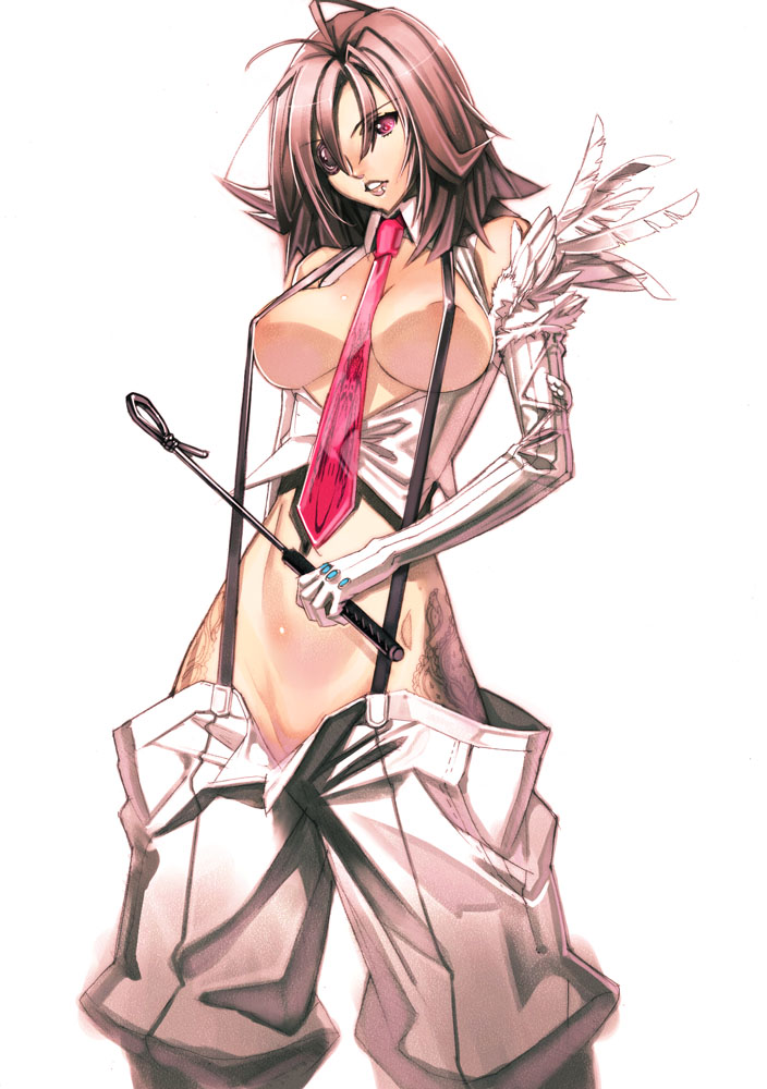 sanbasou, original, 1girl, breasts, brown hair, eyepatch, female focus, gloves, necktie, no bra, no panties, red eyes, riding crop, solo, suspenders, tattoo, vest