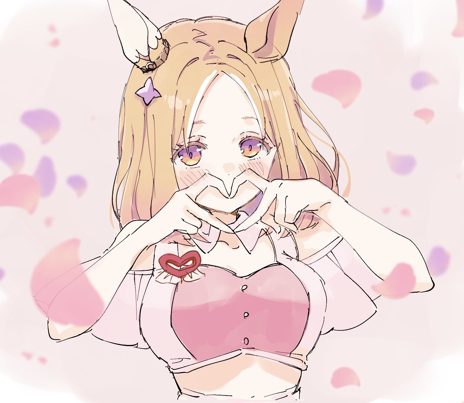 yoiisand, narita top road (umamusume), umamusume, highres, 1girl, animal ears, bare shoulders, blonde hair, blush, breasts, collarbone, crop top, cropped shirt, ear covers, ear ornament, falling petals, gradient eyes, hair ornament, heart, heart hands, horse ears, horse girl, looking at viewer, medium hair, midriff, multicolored eyes, petals, pink shirt, purple eyes, shirt, short hair, single ear cover, solo, upper body