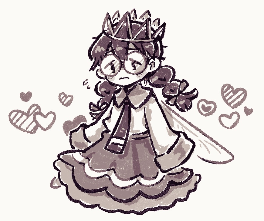 nanami (13mimi), ripple star queen, kirby (series), kirby 64, nintendo, 1girl, black hair, blush, braid, fairy, fairy wings, freckles, glasses, heart, long hair, low twin braids, necktie, simple background, skirt, sleeves past fingers, sleeves past wrists, twin braids, wings