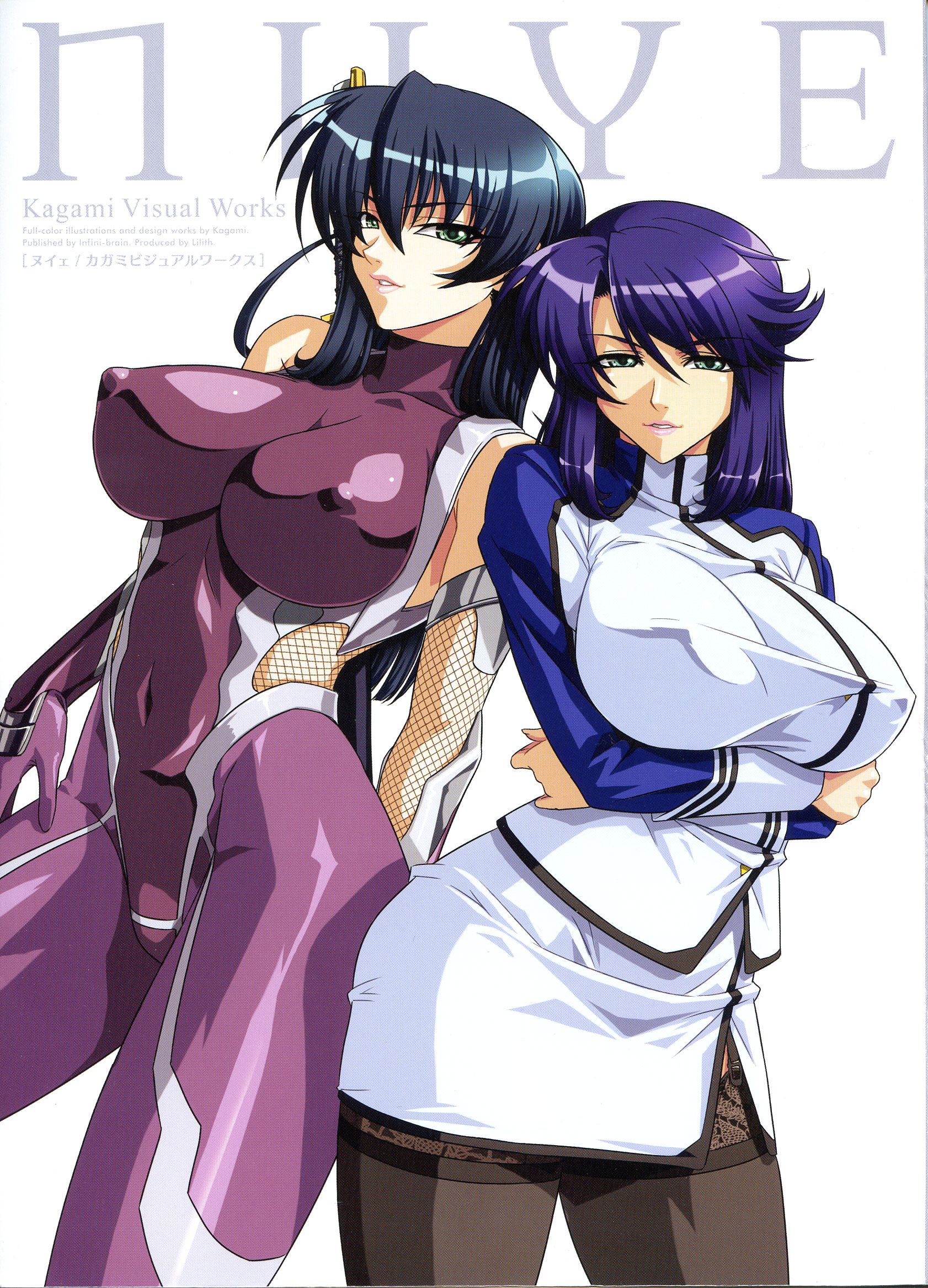 kagami hirotaka, igawa asagi, lieri bishop, kangoku senkan, lilith-soft, nuye, taimanin (series), taimanin asagi, black legwear, lace-trimmed legwear, artbook, highres, scan, 00s, 2girls, arm behind back, blue hair, bodysuit, breasts, covered collarbone, covered erect nipples, cowboy shot, crossover, english text, formal clothes, from side, garter belt, garter straps, halterneck, hand on own hip, huge breasts, lace, lace trim, large breasts, latex, legs apart, lipstick, long hair, looking at viewer, makeup, miniskirt, multiple girls, ninja, parted bangs, pencil skirt, purple bodysuit, shiny clothes, simple background, skin tight, skirt, skirt suit, standing, suit, thighhighs, thighs, two side up, white background