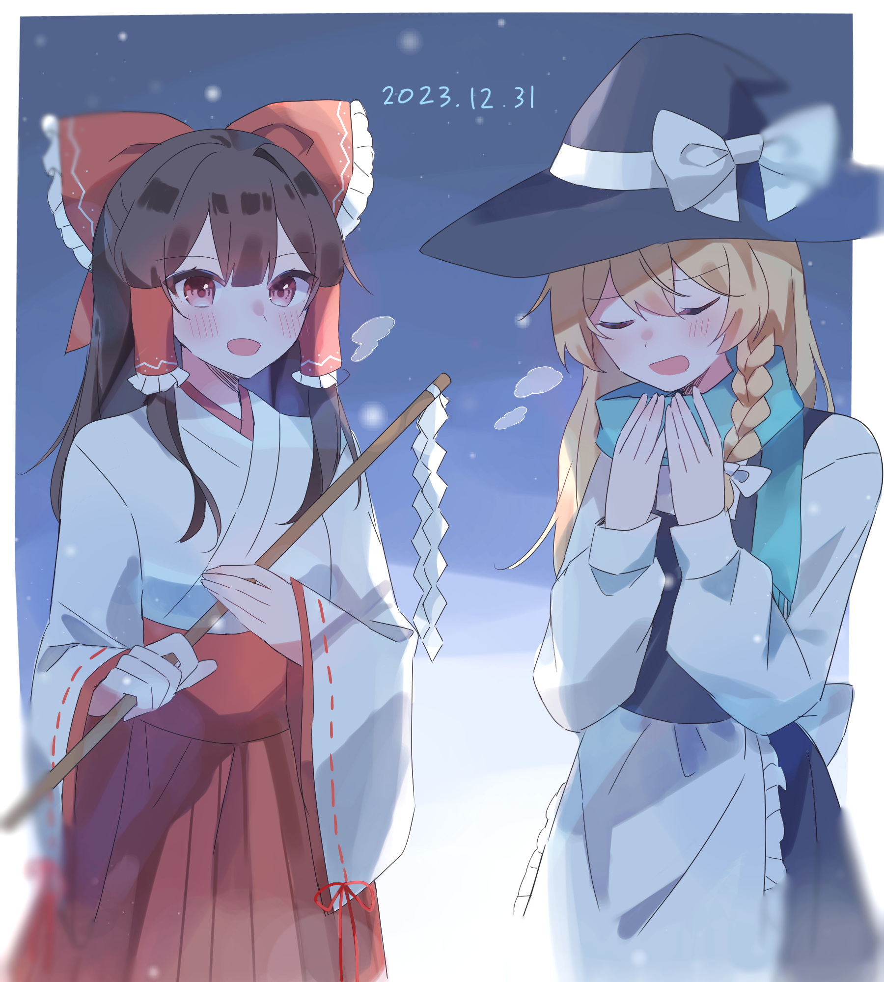 hidukihumi, hakurei reimu, kirisame marisa, touhou, commentary request, highres, 2girls, alternate costume, apron, black skirt, black vest, blonde hair, blush, border, bow, braid, brown hair, frilled bow, frilled hair tubes, frilled skirt, frills, hair bow, hair tubes, hakama, hat, hat bow, japanese clothes, kimono, long hair, long sleeves, miko, multiple girls, open mouth, puffy short sleeves, puffy sleeves, red bow, red eyes, red hakama, red skirt, ribbon-trimmed sleeves, ribbon trim, scarf, short sleeves, sidelocks, single braid, skirt, skirt set, snowing, turtleneck, vest, waist apron, white apron, white border, white bow, white sleeves, wide sleeves